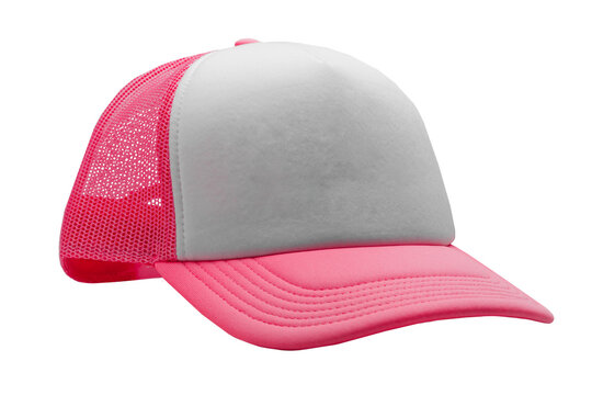 Pink Trucker cap isolated on white background. Basic baseball cap. Mock-up for branding.
