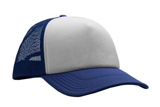 Blue Trucker cap isolated on white background. Basic baseball cap. Mock-up for branding.