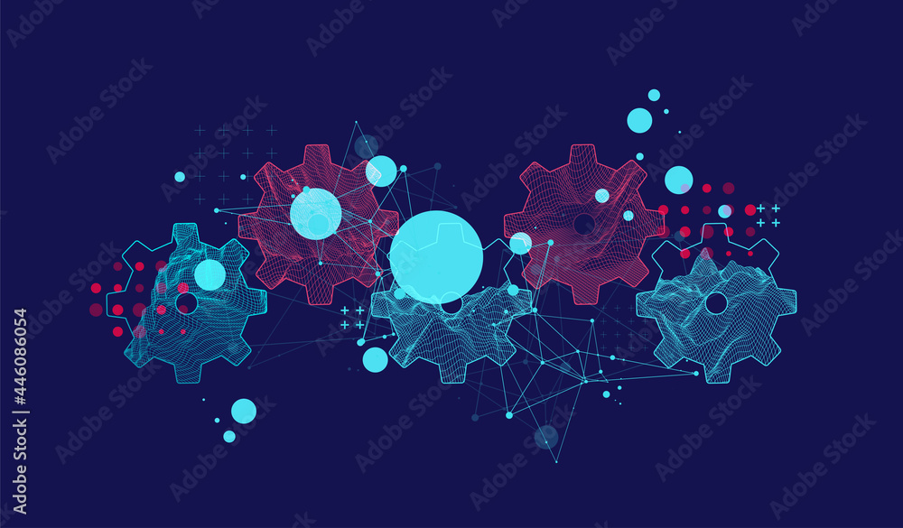 Wall mural modern science or technology abstract background using cogwheel. wireframe spot surface illustration