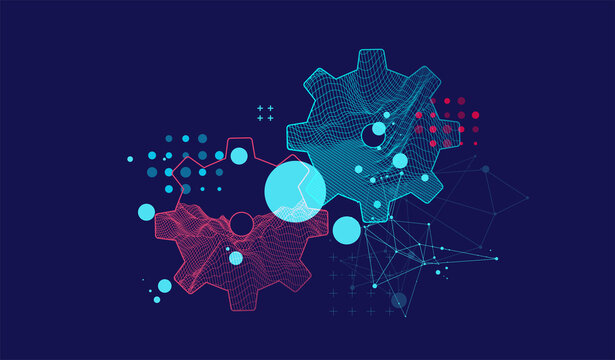 Modern science or technology abstract background using cogwheel. Wireframe spot surface illustration. Vector.