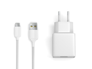Smartphone power adapter and USB-A to USB-C cable on white background