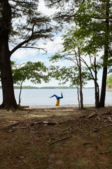 Obraz na płótnie Canvas woman practicing yoga on the shore of the beach among trees