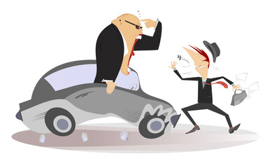 Road accident illustration. Angry driver man cries to the pedestrian and suggests him think first and then cross a street on white background