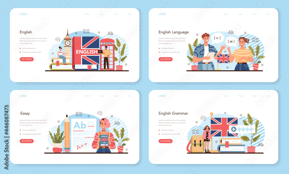 Poster english class web banner or landing page set. study foreign languages