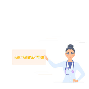 Alopecia concept. Woman doctor holding hair transplantation board in his hand. Hair loss medical treatment design template. Vector flat illustration.