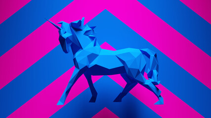 Obraz premium Blue Unicorn Horse made out of triangles with Blue an Pink Chevron Pattern Background 3d illustration render