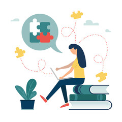 Concept of solving business problems. Abstract head of person filled with ideas thoughts vector Brainstorming, beginning and end to thought, abstract metaphor. Businesswoman.