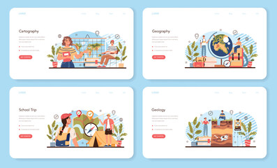Geography class web banner or landing page set. Studying the lands, features