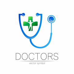 Stethoscope with cross and man vector logotype in blue, green color. Medical symbol for doctor, clinic, hospital and diagnostic. Modern concept for logo or identity style. Sign health. Isolated