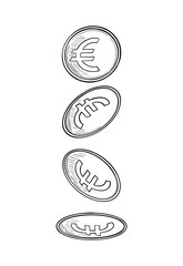 Falling euro coins in sketchy vintage style. Vector illustration. - obrazy, fototapety, plakaty
