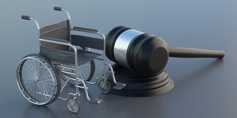 Wheelchair and judge gavel on gray background. Disability law for handicapped people concept. 3d illustration