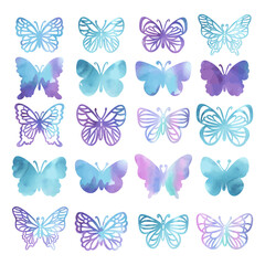 Fototapeta na wymiar WATERCOLOR BUTTERFLIES Silhouettes Of Beautiful Summer Purple Tropical Insects On White Background Hand Drawn Cartoon Clipart Vector Illustration Set For Print