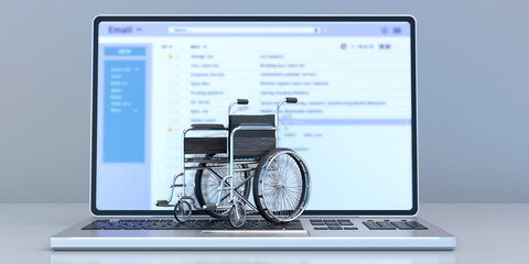 Wheelchair on a laptop keyboard, office desk background. 3d illustration