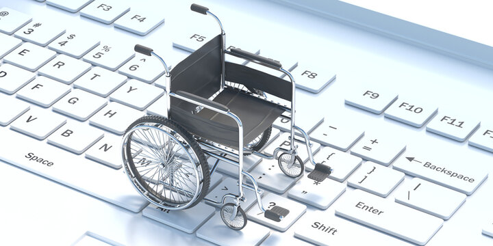 Wheelchair empty on white computer laptop keyboard, 3d illustration
