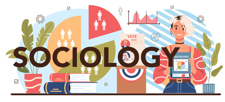 Sociology school subject typographic header. Students studying society