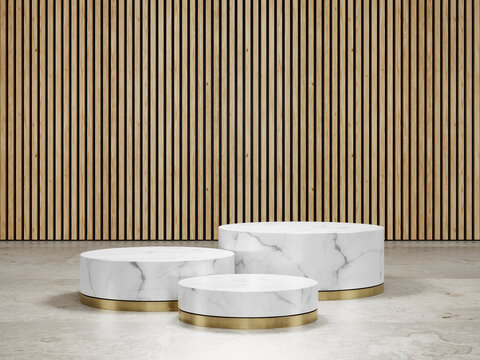 Round White Marble Podium With A Metallic Gold Base On Travertine Floor And Wood Feature Wall Background In Luxury Studio Scene. Modern Showroom Interior 3d Rendering Image For Product Display.