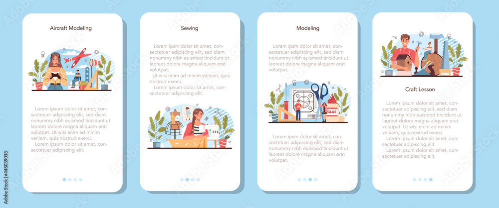 Poster crafting and modeling school course mobile application banner set