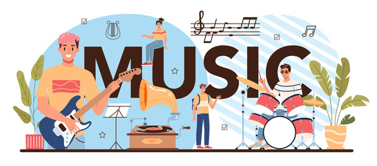 Music typographic header. Students learn to play music club or class