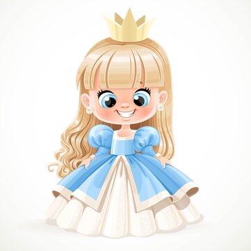 Cute baby princess with long blond hair in blue dress isolated on a white background