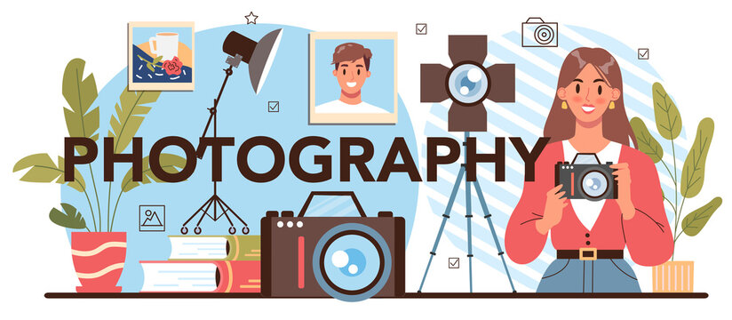 Photography Typographic Header. Students Lerning To Take Photos