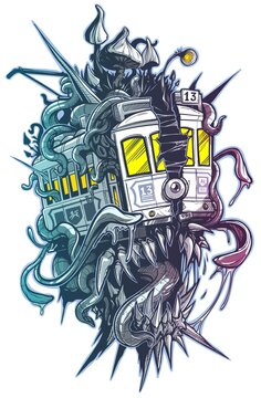 Cartoon psychedelic old retro white tramway with monster canines, eye, tentacles and big mushrooms on the roof. Isolated vector tattoo on white background.