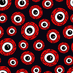 Vector seamless pattern with halloween eye on dark background. Hand-drawn cartoon illustration.