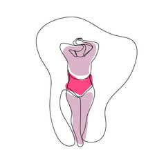One line abstract illustration. Body-positive girl in a swimsuit is standing with her back.