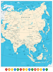 Asia highly detailed map and colored map pointers