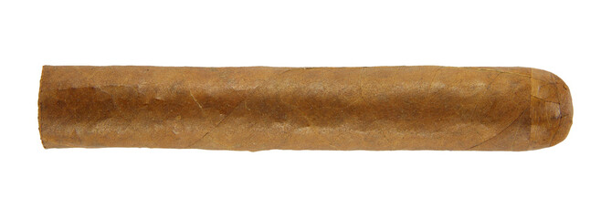 Cigar. Handcrafted brown cigar made with real tobacco leaves. Smoking causes addiction and cancer. Nicotine damage your health. Macro close up. Isolated on a white background