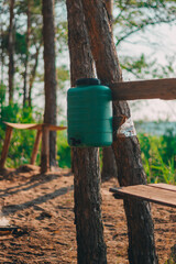 Fototapeta premium Portable Green Plastic Camping Wash Basin Hanging on a Tree Pine Tree Outdoors Recreation