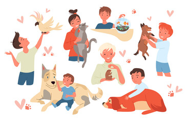Cartoon smiling kid characters holding cute hamster and parrot, girl boy child pet owner standing, sitting with cat or dog friends