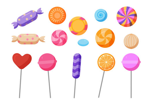Sweets and candies icon. Sweet chocolate candies in a wrapper, lollipops and fruit-flavored caramels. Stickers for websites and for printing. Cartoon flat vector set isolated on a white background
