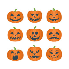 Collection of cartoon orange pumpkins with funny carving scary smiling faces. Decorative elements lanterns for Halloween. Vector flat design illustration