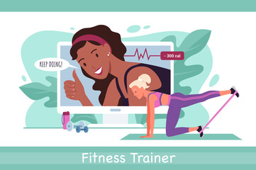 Fitness trainer online, sports workout vector illustration. Cartoon active young sportive woman character in sportswear training with sport equipment via internet video call to trainer background