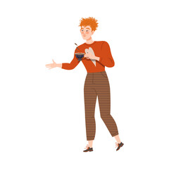 Redhead Man Coffee Lover Holding Cup of Hot Aromatic Beverage Vector Illustration