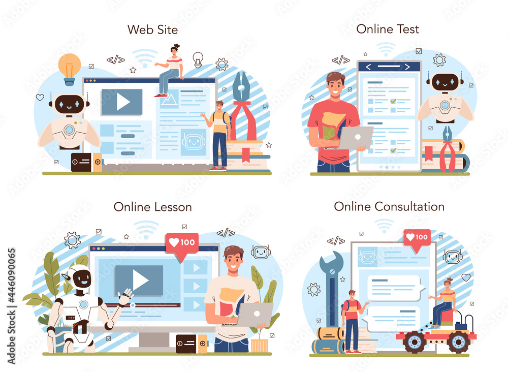 Poster robotics school course online service or platform set. robotic engineering