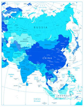 Asia highly detailed map in colors of blue