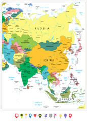 Asia highly detailed political map and flat icons