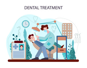 Dentist concept. Dental doctor in uniform treating human teeth using