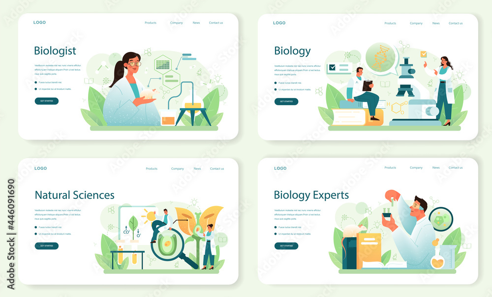Poster biologist web banner or landing page set. scientist make laboratory analysis