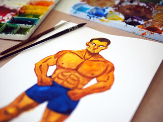 boxer strong man sport fighter training fitness athlete watercolor painting art class workshop color background creative education leisure hobby drawing illustration design selective focus
