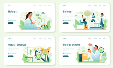 Biologist web banner or landing page set. Scientist make laboratory analysis