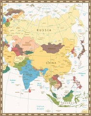 Fototapeta na wymiar Old retro color map of Asia
