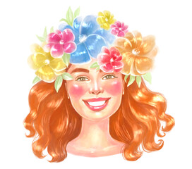 drawn beautiful red-haired smiling girl with a wreath of flowers on her head