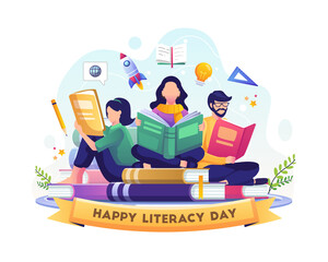 Happy Literacy Day. Young People celebrate Literacy Day by reading books. Flat vector illustration