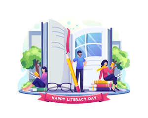 Happy Literacy Day. People celebrate literacy day with books as windows to the world. Flat vector illustration - obrazy, fototapety, plakaty