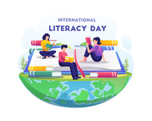 World Literacy Day. People celebrate Literacy Day by reading books. Flat vector illustration