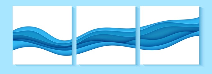 Set of flyers with blue waves in paper cut style. Collection of three papercut art empty banners for environment or World Water day. Vector advertising poster template for Save the Oceans day 8 june.