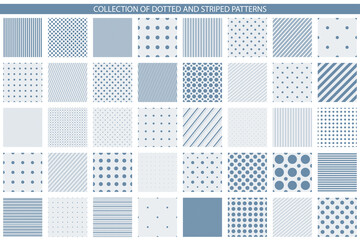 Collection of vector geometric seamless patterns - minimalistic design. Simple dotted and striped textures - endless backgrounds. Blue and white textile repeatable prints