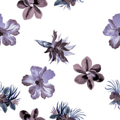 Indigo Watercolor Garden. Navy Flower Background. Blue Seamless Texture. Azure Hibiscus Decor. Pattern Foliage. Tropical Design. Fashion Painting. Art Design.